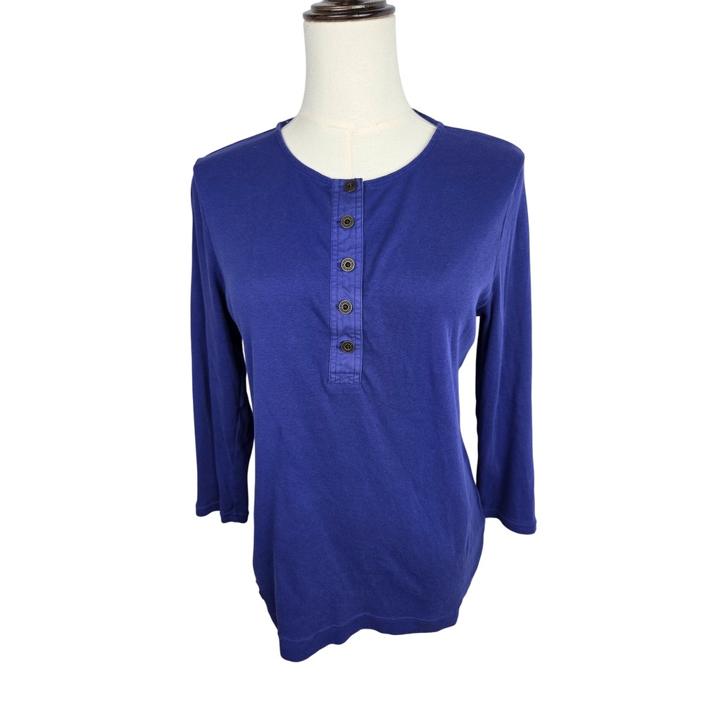 Lauren Ralph Lauren Henley Top Medium Royal Blue 3/4 Sleeve Cotton Casual Preppy